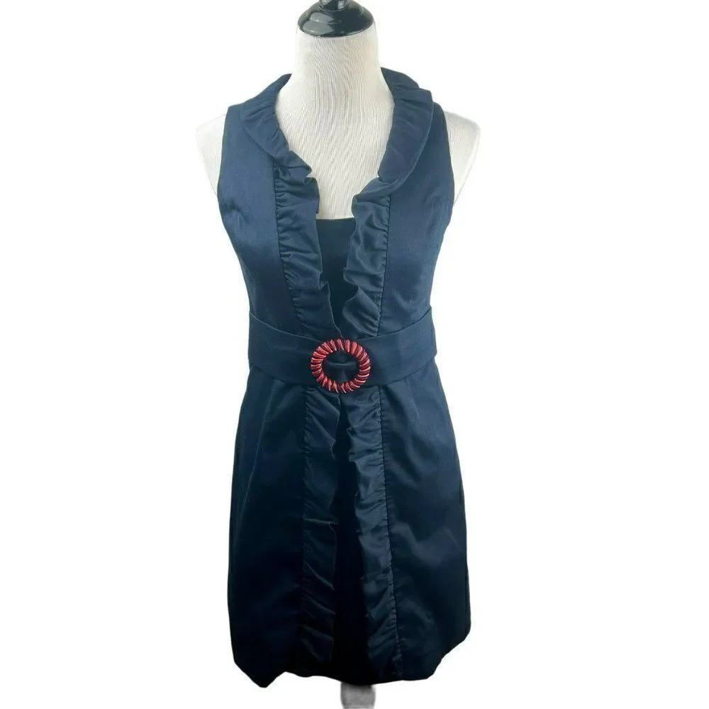 Milly New York Danielle Sheath Dress Women 6 Belt Ruffle Sleeveless Navy Blue